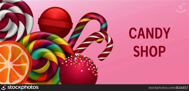 Lollipop candy shop concept banner. Realistic illustration of lollipop candy shop vector concept banner for web design. Lollipop candy shop concept banner, realistic style