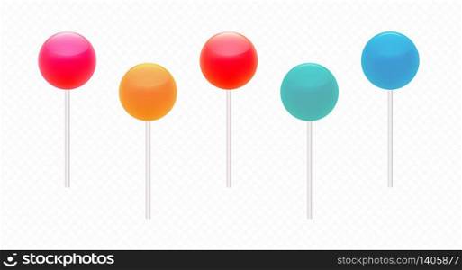 Lollipop, colourful dessert set, bright caramel collection isolated on transparent background. Delicious round candies on a white stick. Premium vector.
