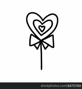 Lollipop on stick in shape of heart. Vector doodle illustration.