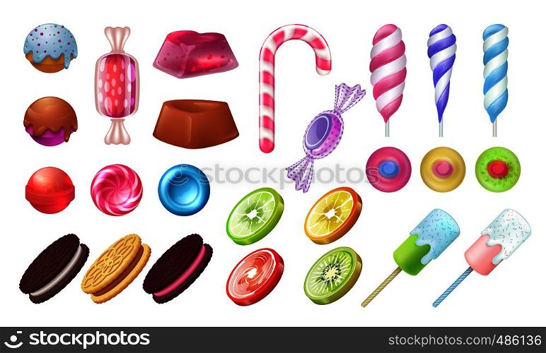 Lollipops and candies. Chocolate and toffee round sweets, caramel bonbon marshmallow and gummy. Vector jellies candies realistic set on white background. Lollipops and candies. Chocolate and toffee round sweets, caramel bonbon marshmallow and gummy. Vector jellies candies realistic set