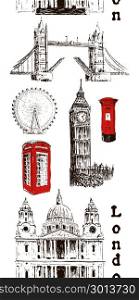 London architectural symbols: Big Ben, Tower Bridge, mail box, call box. St Paul Cathedral. Vertical stripe. Beautiful hand drawn vector sketch seamless pattern. For prints, advertising, City panorama. London architectural symbols: Big Ben, Tower Bridge, mail box, call box. St. Paul Cathedral. Vertical stripe seamless pattern