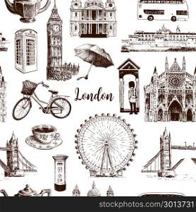 London architectural symbols: Big Ben, Tower Bridge, town bus, mail box, call box. St. Paul Cathedral. Beautiful hand drawn vector seamless pattern sketch illustration. For advertising, City panorama. London architectural symbols hand drawn vector seamless pattern sketch. Big Ben, Tower Bridge, red bus, mail box, call box. St. Paul Cathedral