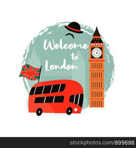 London background, design with red double decker, Big Ben on London map. Abstract vector illustration. London background, design with red bus, Big Ben