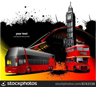 London background with two generations of double Decker red bus. Vector illustration