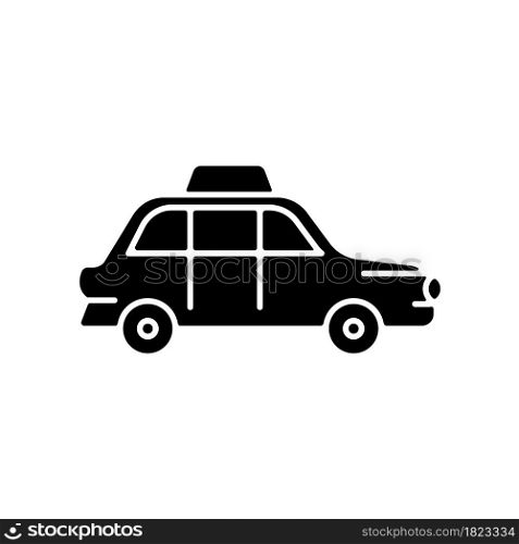 London cab black glyph icon. Hackney carriage. Minicab service. Public transportation. Pick passengers up from roadside. Black cab. Silhouette symbol on white space. Vector isolated illustration. London cab black glyph icon