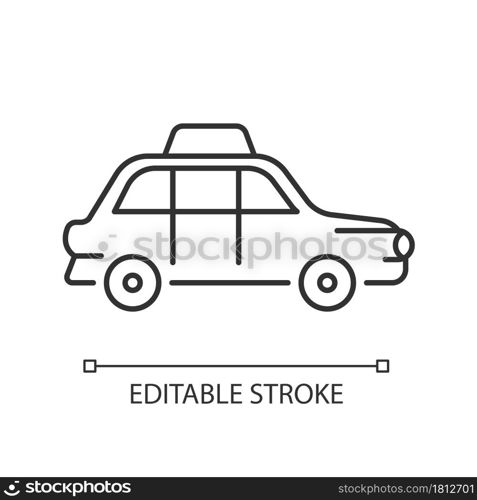 London cab linear icon. Hackney carriage. Minicab service. Public transportation. Black cab. Thin line customizable illustration. Contour symbol. Vector isolated outline drawing. Editable stroke. London cab linear icon