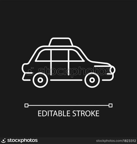 London cab white linear icon for dark theme. Hackney carriage. Public transportation. Black cab. Thin line customizable illustration. Isolated vector contour symbol for night mode. Editable stroke. London cab white linear icon for dark theme