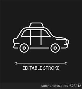 London cab white linear icon for dark theme. Hackney carriage. Public transportation. Black cab. Thin line customizable illustration. Isolated vector contour symbol for night mode. Editable stroke. London cab white linear icon for dark theme