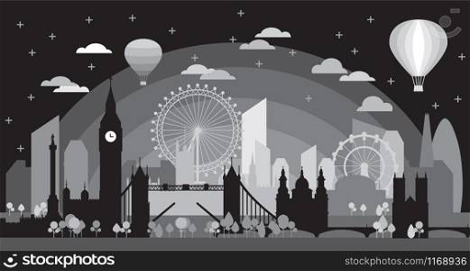 London city at sundown skyline silhouette vector Illustration in black and grey colors isolated on black background. Panoramic vector silhouette Illustration of landmarks of London, England.