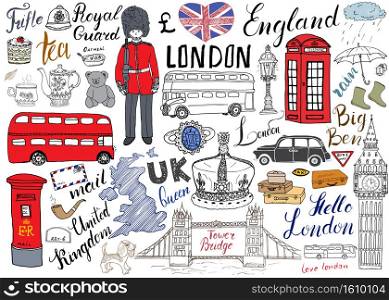 London city doodles elements collection. Hand drawn set with, tower bridge, crown, big ben, royal guard, red bus and cab, UK map and flag, tea pot, lettering, vector illustration isolated.. London city doodles elements collection. Hand drawn set with, tower bridge, crown, big ben, royal guard, red bus and cab, UK map and flag, tea pot, lettering, vector illustration isolated