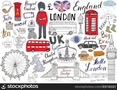 London city doodles elements collection. Hand drawn set with, tower bridge, crown, big ben, royal guard, red bus and black cab, UK map and flag, tea pot, lettering, vector illustration isolated.. London city doodles elements collection. Hand drawn set with, tower bridge, crown, big ben, royal guard, red bus and black cab, UK map and flag, tea pot, lettering, vector illustration isolated
