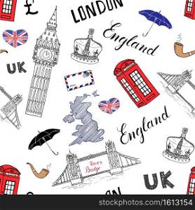 London city doodles elements seamless pattern. with hand drawn tower bridge, crown, big ben, red bus, UK map, flag,and lettering, vector illustration isolated.. London city doodles elements seamless pattern. with hand drawn tower bridge, crown, big ben, red bus, UK map, flag,and lettering, vector illustration isolated