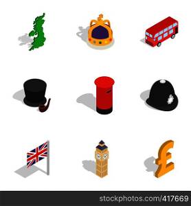 London city elements icons set. Isometric 3d illustration of 9 London city elements vector icons for web. London city elements icons, isometric 3d style