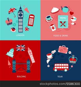 London city food and drink buildings tour decorative icons set isolated vector illustration.