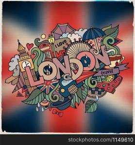 London city hand lettering and doodles elements and symbols emblem. Vector blurred background. London hand lettering and doodles elements background.