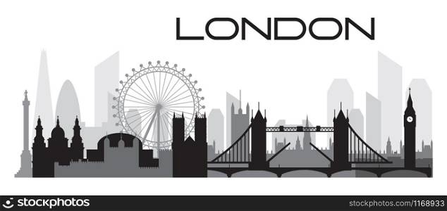 London city skyline outline silhouette vector Illustration in black and grey colors isolated on white background. Panoramic vector silhouette Illustration of landmarks of London, England.