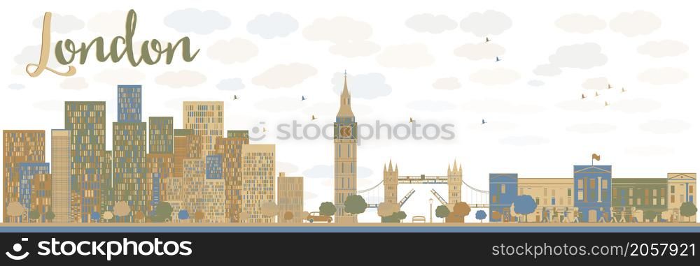 London city skyline silhouette background with blue and brown buildings, vector illustration