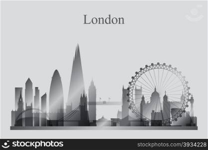 London city skyline silhouette in grayscale, vector illustration