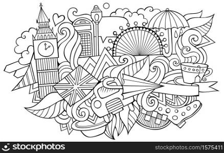 London hand drawn cartoon doodles illustration. Funny travel design. Creative art vector background. City symbols, elements and objects. Sketchy composition. London hand drawn cartoon doodles illustration. Funny travel design.