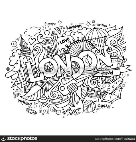 London hand lettering and doodles elements background. Vector illustration. London hand lettering and doodles elements background.