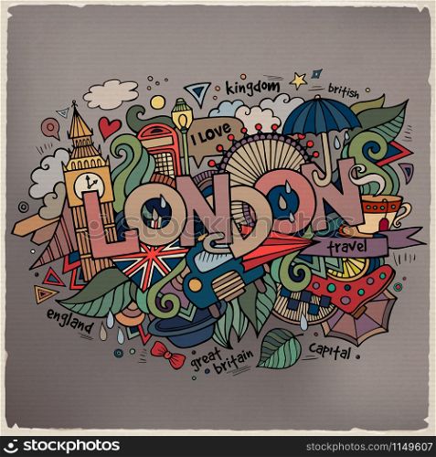 London hand lettering and doodles elements background. Vector illustration
