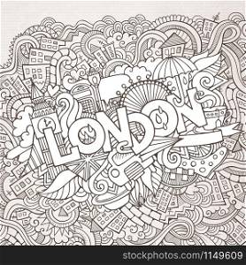 London hand lettering and doodles elements background. Vector illustration