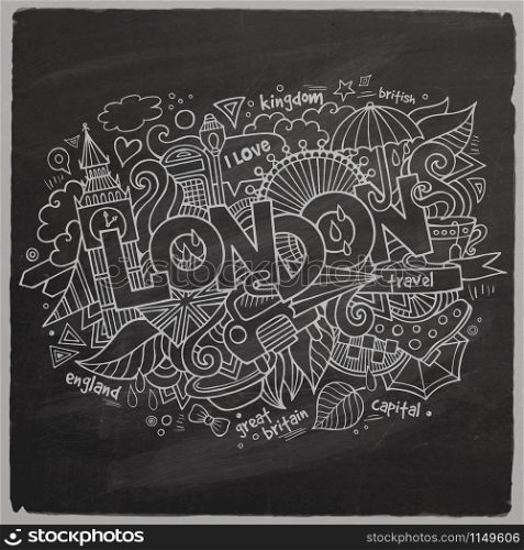 London hand lettering and doodles elements chalk board background. Vector illustration