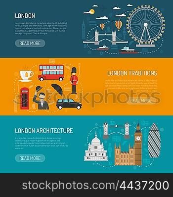 London Landmarks Flat Banners Set. Online information on london architecture and traditions 3 flat horizontal banners set design abstract isolated vector illustration
