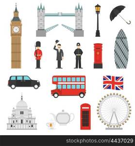London Landmarks Flat Icons Set. London landmarks weather and english traditions symbols isometric icons collections with big ban abstract isolated vector illustration