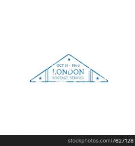 London postage service isolated grunge triangular post stamp with stars. Vector post office symbol, airmail grunge mark. Postal seal, Great Britain correspondence postmark, priority parcel stamp. Postage service London stamp isolated grunge sign