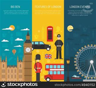 London Sightseeing 3 Vertical Banners Set. London visitors sightseeing attractions with night thames river 3 vertical flat banners set abstract isolated vector illustration