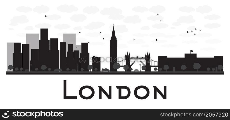 London skyline black and white silhouette. Vector illustration. Simple flat concept for tourism presentation, banner, placard or web site. Business travel concept. Cityscape with famous landmarks