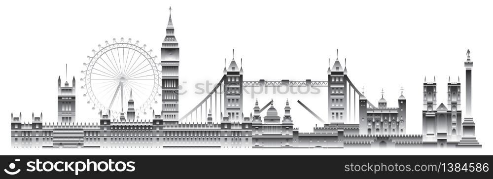 London skyline travel illustration. London city landmarks, monochrome gradient english tourism and journey vector background. Panoramic worldwide traveling concept. Stock illustration