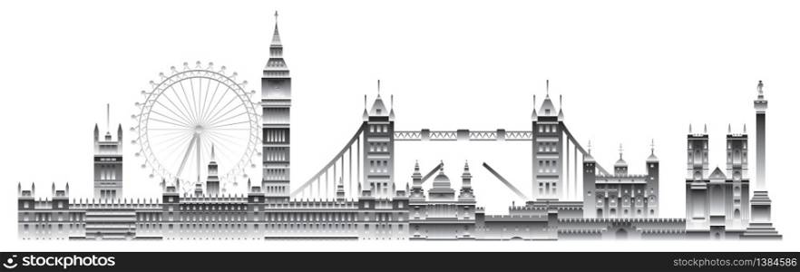 London skyline travel illustration. London city landmarks, monochrome gradient english tourism and journey vector background. Panoramic worldwide traveling concept. Stock illustration