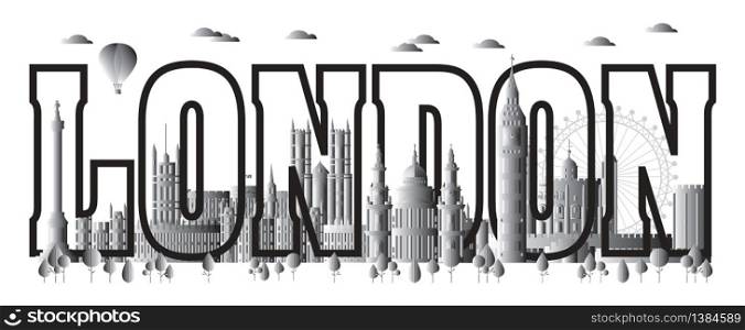 London skyline travel illustration with main architectural landmarks. London city landmarks, black and white gradient tourism and journey vector background.Worldwide traveling concept.