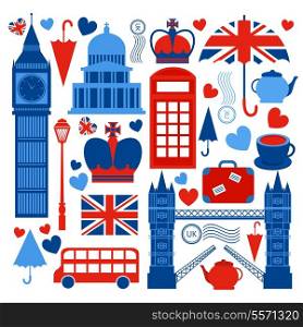London symbols collection of tower bridge big ben and telephone booth culture isolated vector illustration