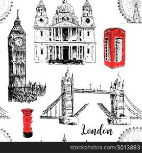 London symbols: St. Paul Cathedral, Big Ben and Tower Bridge. Beautiful hand drawn vector sketch seamless pattern.. London national symbols: St. Paul Cathedral, Big Ben and Tower Bridge, ferris wheel. Beautiful hand drawn vector sketch seamless pattern. For prints, textile, decoration, advertising, City panorama