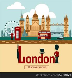 London touristic poster with famous landmarks and symbols flat vector illustration. London Touristic Poster