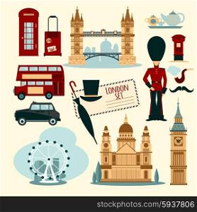 London touristic set with flat telephone booth tower bridge and cab isolated vector illustration. London Touristic Set