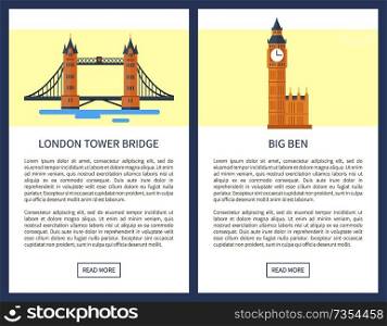 London Tower Bridge and Big Ben as famous British sights. England attractions promo banners. Places of interest posters vector illustrations set.. London Tower Bridge and Big Ben as British Sights