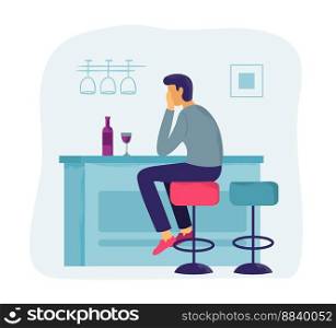 Loneliness feelings. Male character sitting at table in kitchen with bottle of wine and glass. Man in depression or in despair having addiction to alcohol. Drunk person having unhealthy habit vector. Loneliness feelings. Male character sitting at table in kitchen with bottle of wine and glass. Man in depression