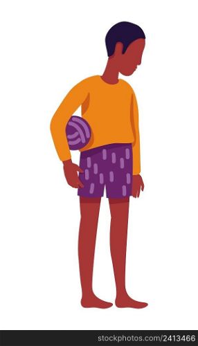Lonely barefoot boy with ball semi flat color vector character. Poor child. Standing figure. Full body person on white. Simple cartoon style illustration for web graphic design and animation. Lonely barefoot boy with ball semi flat color vector character