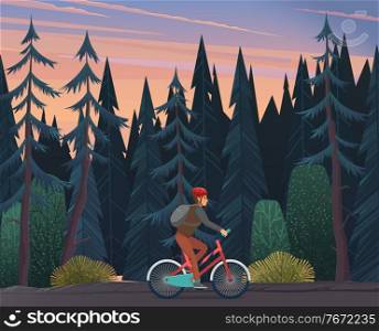Lonely cyclist rides a bicycle through a dense coniferous forest. Gloomy landscape of the forest. Twilight or early morning. Active sports activities or hobbies. Sport and recreation. Flat image. A cyclist rides a bicycle through a dark, thick forest. Sports and recreation, active lifestyle