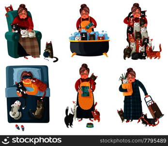 Lonely lady with cats during shopping, feeding, sleeping, relaxation in armchair set of icons isolated vector illustration . Lonely Lady With Cats Set
