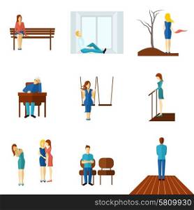 Lonely People Flat Icon Set. Lonely and unhappy people young and old man and woman flat color icon set isolated vector illustration