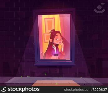 Lonely sad girl sitting alone at window with smartphone in hand wait call or sms, night street outside view. Unhappy young woman character at home with mobile, melancholy, Cartoon vector illustration. Lonely sad girl sitting alone at window with phone