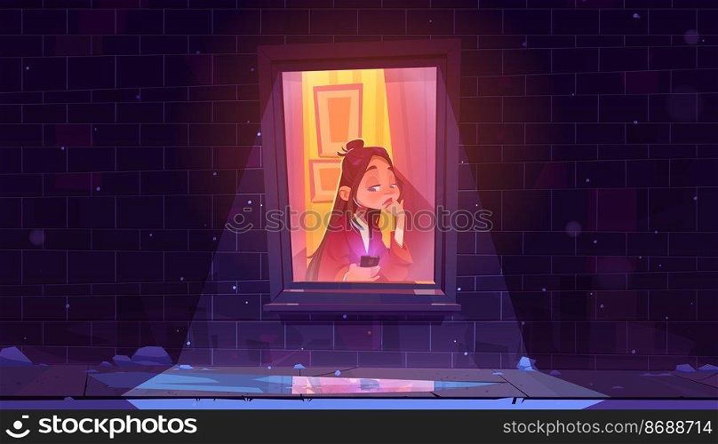 Lonely sad girl sitting alone at window with smartphone wait call, night winter street outside view with falling snowflakes and reflection in frozen puddle. Unhappy woman Cartoon vector illustration. Lonely sad girl sitting alone at window with phone
