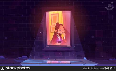 Lonely sad girl sitting alone at window with smartphone wait call, night winter street outside view with falling snowflakes and reflection in frozen puddle. Unhappy woman Cartoon vector illustration. Lonely sad girl sitting alone at window with phone