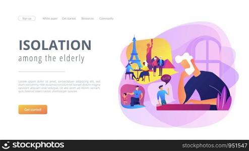 Lonely single grandfather suffering from depression, sadness. Social isolation, old people loneliness, isolation among the elderly concept. Website homepage landing web page template.. Social isolation concept landing page