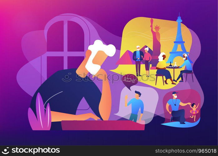 Lonely single grandfather suffering from depression, sadness. Social isolation, old people loneliness, isolation among the elderly concept. Bright vibrant violet vector isolated illustration. Social isolation concept vector illustration